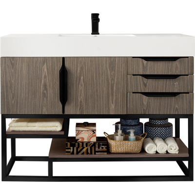 James Martin Columbia 48 inch Single Vanity, Ash Gray, Matte Black w/ Glossy White Composite Stone Top, 840108963865, 983-V48-AGR-MB-GW