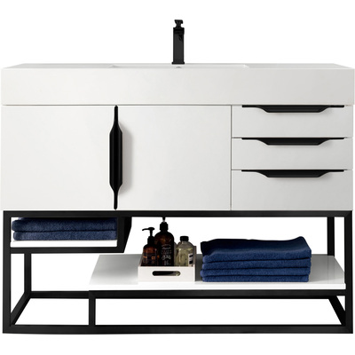 James Martin Columbia 48 inch Single Vanity, Glossy White, Matte Black w/ Glossy White Composite Stone Top, 840108963926, 983-V48-GW-MB-GW