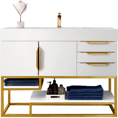James Martin Columbia 48 inch Single Vanity, Glossy White, Radiant Gold w/ Glossy White Composite Stone Top, 840108963940, 983-V48-GW-RG-GW