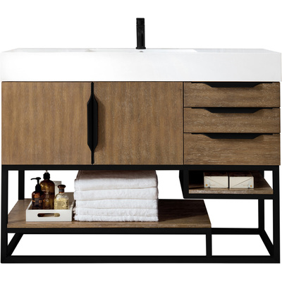 James Martin Columbia 48 inch Single Vanity, Latte Oak, Matte Black w/ Glossy White Composite Stone Top, 840108963988, 983-V48-LTO-MB-GW
