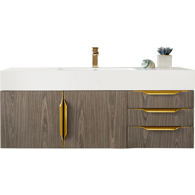 James Martin Columbia 48 inch Single Wall Mount Vanity, Ash Gray, Radiant Gold w/ Glossy White Composite Stone Top, 840108964725, 983-V48-W-AG-G-GW