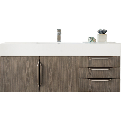 James Martin Columbia 48 inch Single Wall Mount Vanity, Ash Gray, Brushed Nickel w/ Glossy White Composite Stone Top, 840108964701, 983-V48-W-AG-N-GW