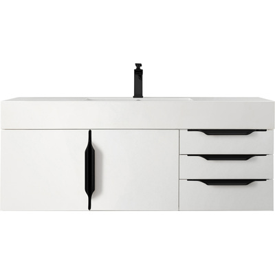 James Martin Columbia 48 inch Single Wall Mount Vanity, Glossy White, Matte Black w/ Glossy White Composite Stone Top, 840108964794, 983-V48-W-GW-B-GW