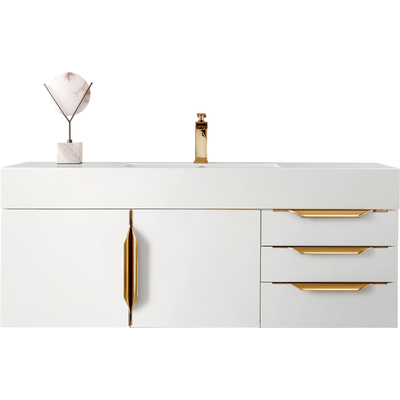 James Martin Columbia 48 inch Single Wall Mount Vanity, Glossy White, Radiant Gold w/ Glossy White Composite Stone Top, 840108964770, 983-V48-W-GW-G-GW