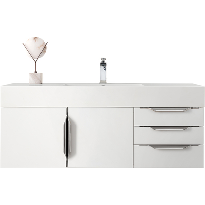 James Martin Columbia 48 inch Single Wall Mount Vanity, Glossy White, Brushed Nickel w/ Glossy White Composite Stone Top, 840108964756, 983-V48-W-GW-N-GW