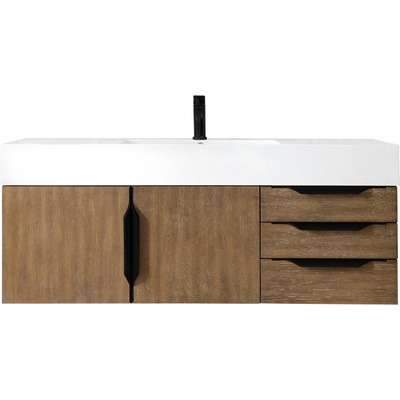 James Martin Columbia 48 inch Single Wall Mount Vanity, Latte Oak, Matte Black w/ Glossy White Composite Stone Top, 840108964848, 983-V48-W-LO-B-GW