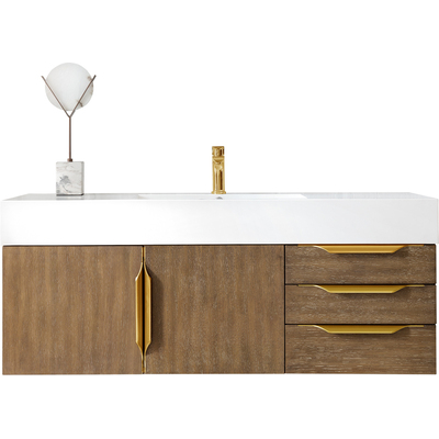 James Martin Columbia 48 inch Single Wall Mount Vanity, Latte Oak, Radiant Gold w/ Glossy White Composite Stone Top, 840108964824, 983-V48-W-LO-G-GW