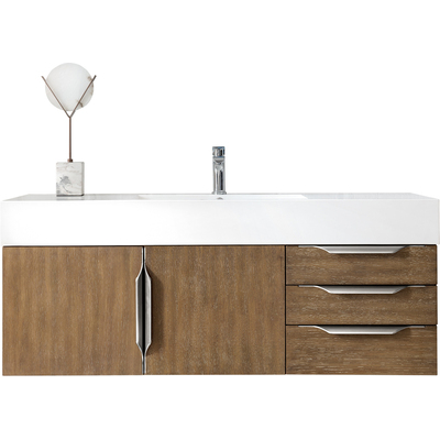 James Martin Columbia 48 inch Single Wall Mount Vanity, Latte Oak, Brushed Nickel w/ Glossy White Composite Stone Top, 840108964800, 983-V48-W-LO-N-GW