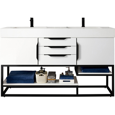 James Martin Columbia 59 inch Double Vanity, Glossy White, Matte Black w/ Glossy White Composite Stone Top, 840108964107, 983-V59D-GW-MB-GW