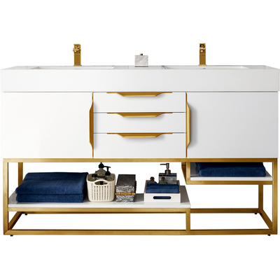 James Martin Columbia 59 inch Double Vanity, Glossy White, Radiant Gold w/ Glossy White Composite Stone Top, 840108964121, 983-V59D-GW-RG-GW