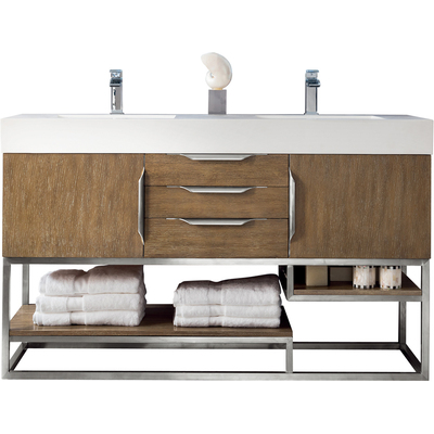 James Martin Columbia 59 inch Double Vanity, Latte Oak, Brushed Nickel w/ Glossy White Composite Stone Top, 840108964145, 983-V59D-LTO-BN-GW