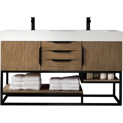 James Martin Columbia 59 inch Double Vanity, Latte Oak, Matte Black w/ Glossy White Composite Stone Top, 840108964169, 983-V59D-LTO-MB-GW