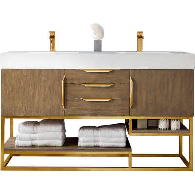 James Martin Columbia 59 inch Double Vanity, Latte Oak, Radiant Gold w/ Glossy White Composite Stone Top, 840108964183, 983-V59D-LTO-RG-GW