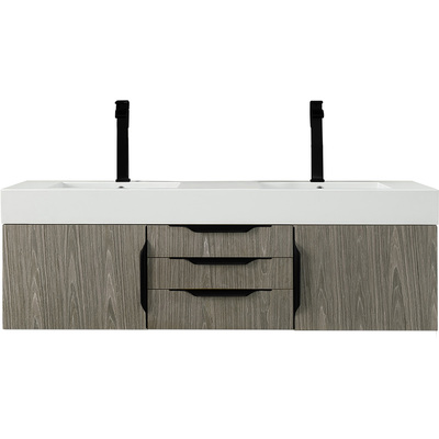 James Martin Columbia 59 inch Double Wall Mount Vanity, Ash Gray, Matte Black w/ Glossy White Composite Stone Top, 840108964893, 983-V59D-W-AG-B-GW