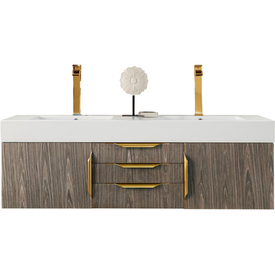 James Martin Columbia 59 inch Double Wall Mount Vanity, Ash Gray, Radiant Gold w/ Glossy White Composite Stone Top, 840108964879, 983-V59D-W-AG-G-GW
