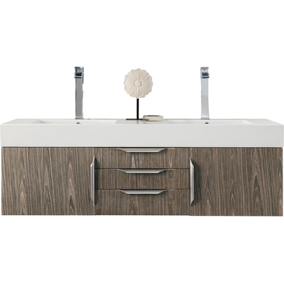 James Martin Columbia 59 inch Double Wall Mount Vanity, Ash Gray, Brushed Nickel w/ Glossy White Composite Stone Top, 840108964855, 983-V59D-W-AG-N-GW
