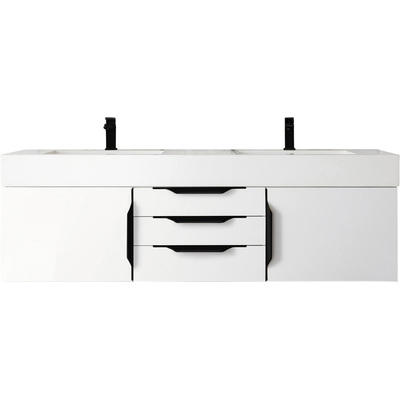 James Martin Columbia 59 inch Double Wall Mount Vanity, Glossy White, Matte Black w/ Glossy White Composite Stone Top, 840108964947, 983-V59D-W-GW-B-GW
