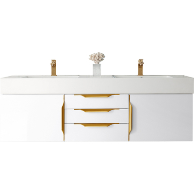 James Martin Columbia 59 inch Double Wall Mount Vanity, Glossy White, Radiant Gold w/ Glossy White Composite Stone Top, 840108964923, 983-V59D-W-GW-G-GW