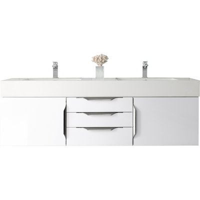 James Martin Columbia 59 inch Double Wall Mount Vanity, Glossy White, Brushed Nickel w/ Glossy White Composite Stone Top, 840108964909, 983-V59D-W-GW-N-GW