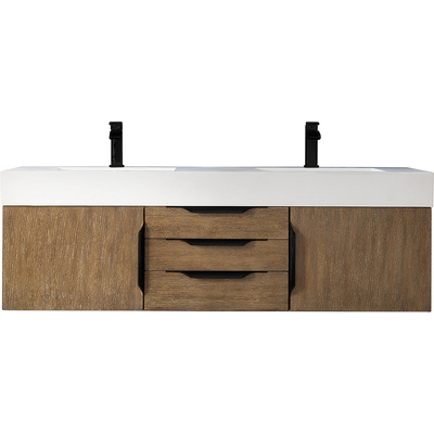 James Martin Columbia 59 inch Double Wall Mount Vanity, Latte Oak, Matte Black w/ Glossy White Composite Stone Top, 840108964992, 983-V59D-W-LO-B-GW