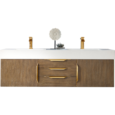 James Martin Columbia 59 inch Double Wall Mount Vanity, Latte Oak, Radiant Gold w/ Glossy White Composite Stone Top, 840108964978, 983-V59D-W-LO-G-GW