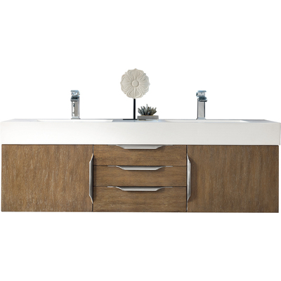 James Martin Columbia 59 inch Double Wall Mount Vanity, Latte Oak, Brushed Nickel w/ Glossy White Composite Stone Top, 840108964954, 983-V59D-W-LO-N-GW