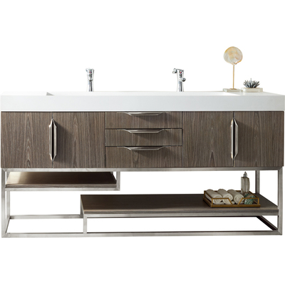 James Martin Columbia 72 inch Double Vanity, Ash Gray, Brushed Nickel w/ Glossy White Composite Stone Top, 840108964206, 983-V72D-AGR-BN-GW