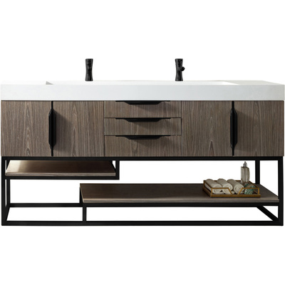 James Martin Columbia 72 inch Double Vanity, Ash Gray, Matte Black w/ Glossy White Composite Stone Top, 840108964220, 983-V72D-AGR-MB-GW