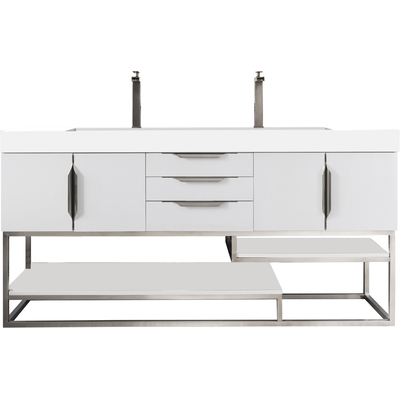 James Martin Columbia 72 inch Double Bathroom Vanity, Glossy White, Brushed Nickel w/ Glossy White Composite Stone Top, 840108964268, 983-V72D-GW-BN-GW