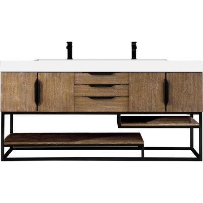 James Martin Columbia 72 inch Double Vanity, Latte Oak, Matte Black w/ Glossy White Composite Stone Top, 840108964343, 983-V72D-LTO-MB-GW