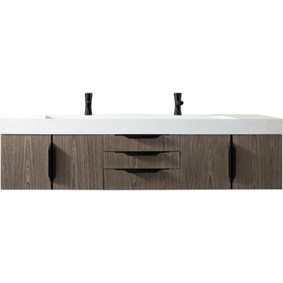 James Martin Columbia 72 inch Double Wall Mount Vanity, Ash Gray, Matte Black w/ Glossy White Composite Stone Top, 840108965050, 983-V72D-W-AG-B-GW