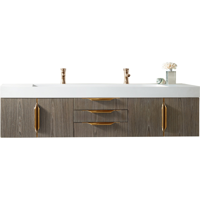 James Martin Columbia 72 inch Double Wall Mount Vanity, Ash Gray, Radiant Gold w/ Glossy White Composite Stone Top, 840108965036, 983-V72D-W-AG-G-GW