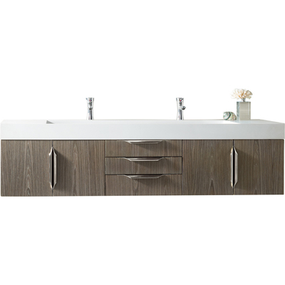James Martin Columbia 72 inch Double Wall Mount Vanity, Ash Gray, Brushed Nickel w/ Glossy White Composite Stone Top, 840108965012, 983-V72D-W-AG-N-GW