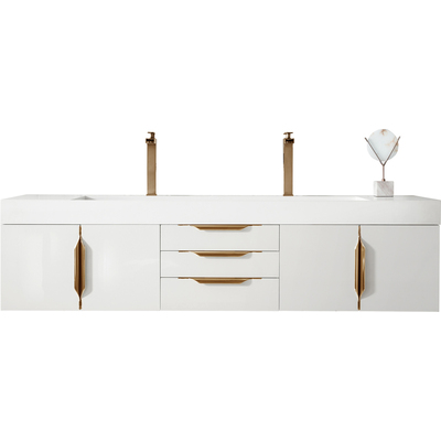 James Martin Columbia 72 inch Double Wall Mount Bathroom Vanity, Glossy White, Radiant Gold w/ Glossy White Composite Stone Top, 840108965098, 983-V72D-W-GW-G-GW