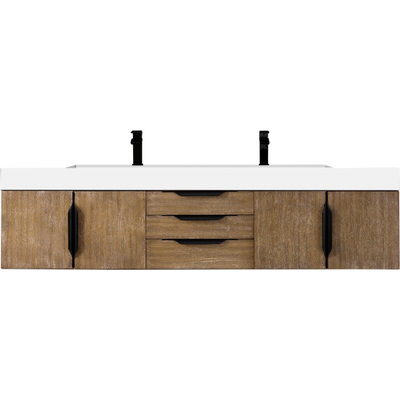 James Martin Columbia 72 inch Double Wall Mount Vanity, Latte Oak, Matte Black w/ Glossy White Composite Stone Top, 840108965173, 983-V72D-W-LO-B-GW