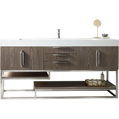 James Martin Columbia 72 inch Single Vanity, Ash Gray, Brushed Nickel w/ Glossy White Composite Stone Top, 840108964381, 983-V72S-AGR-BN-GW