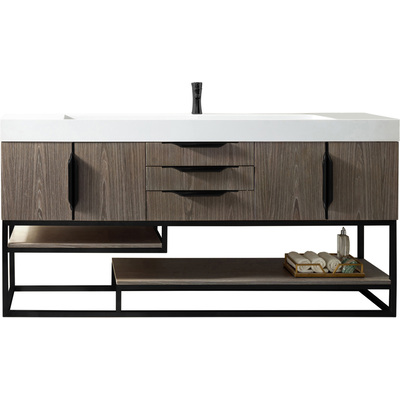 James Martin Columbia 72 inch Single Vanity, Ash Gray, Matte Black w/ Glossy White Composite Stone Top, 840108964404, 983-V72S-AGR-MB-GW