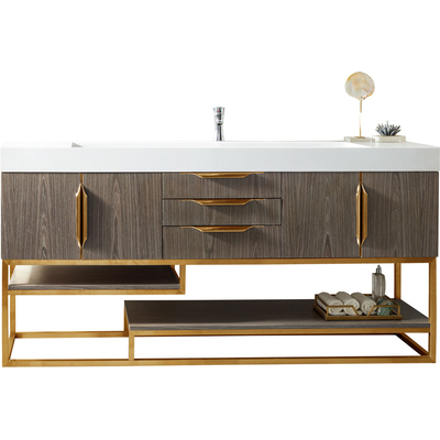 James Martin Columbia 72 inch Single Vanity, Ash Gray, Radiant Gold w/ Glossy White Composite Stone Top, 840108964428, 983-V72S-AGR-RG-GW