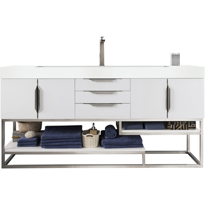 James Martin Columbia 72 inch Single Bathroom Vanity, Glossy White, Brushed Nickel w/ Glossy White Composite Stone Top, 840108964442, 983-V72S-GW-BN-GW