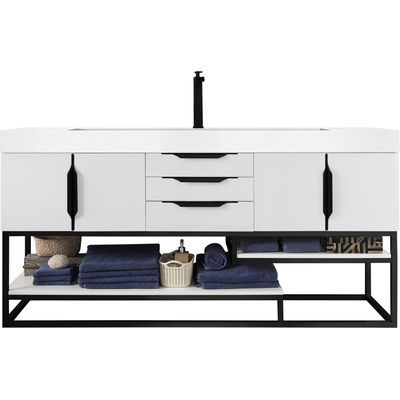 James Martin Columbia 72 inch Single Bathroom Vanity, Glossy White, Matte Black w/ Glossy White Composite Stone Top, 840108964466, 983-V72S-GW-MB-GW