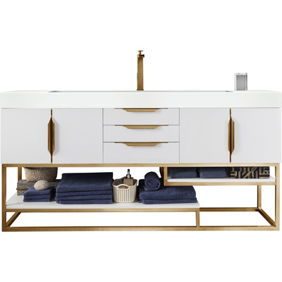 James Martin Columbia 72 inch Single Bathroom Vanity, Glossy White, Radiant Gold w/ Glossy White Composite Stone Top, 840108964480, 983-V72S-GW-RG-GW