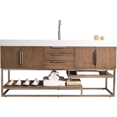James Martin Columbia 72 inch Single Vanity, Latte Oak, Brushed Nickel w/ Glossy White Composite Stone Top, 840108964503, 983-V72S-LTO-BN-GW