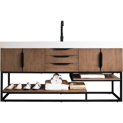 James Martin Columbia 72 inch Single Vanity, Latte Oak, Matte Black w/ Glossy White Composite Stone Top, 840108964527, 983-V72S-LTO-MB-GW