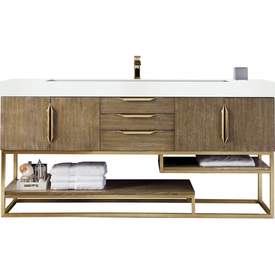 James Martin Columbia 72 inch Single Vanity, Latte Oak, Radiant Gold w/ Glossy White Composite Stone Top, 840108964541, 983-V72S-LTO-RG-GW