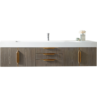 James Martin Columbia 72 inch Single Wall Mount Vanity, Ash Gray, Radiant Gold w/ Glossy White Composite Stone Top, 840108965210, 983-V72S-W-AG-G-GW