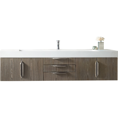 James Martin Columbia 72 inch Single Wall Mount Vanity, Ash Gray, Brushed Nickel w/ Glossy White Composite Stone Top, 840108965197, 983-V72S-W-AG-N-GW