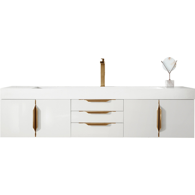 James Martin Columbia 72 inch Single Wall Mount Bathroom Vanity, Glossy White, Radiant Gold w/ Glossy White Composite Stone Top, 840108965272, 983-V72S-W-GW-G-GW