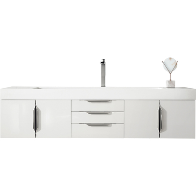 James Martin Columbia 72 inch Single Wall Mount Bathroom Vanity, Glossy White, Brushed Nickel w/ Glossy White Composite Stone Top, 840108965258, 983-V72S-W-GW-N-GW