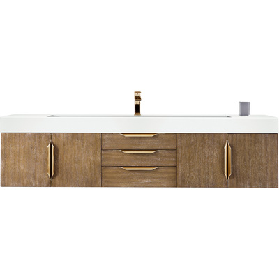 James Martin Columbia 72 inch Single Wall Mount Vanity, Latte Oak, Radiant Gold w/ Glossy White Composite Stone Top, 840108965333, 983-V72S-W-LO-G-GW