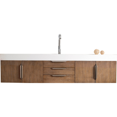 James Martin Columbia 72 inch Single Wall Mount Vanity, Latte Oak, Brushed Nickel w/ Glossy White Composite Stone Top, 840108965319, 983-V72S-W-LO-N-GW